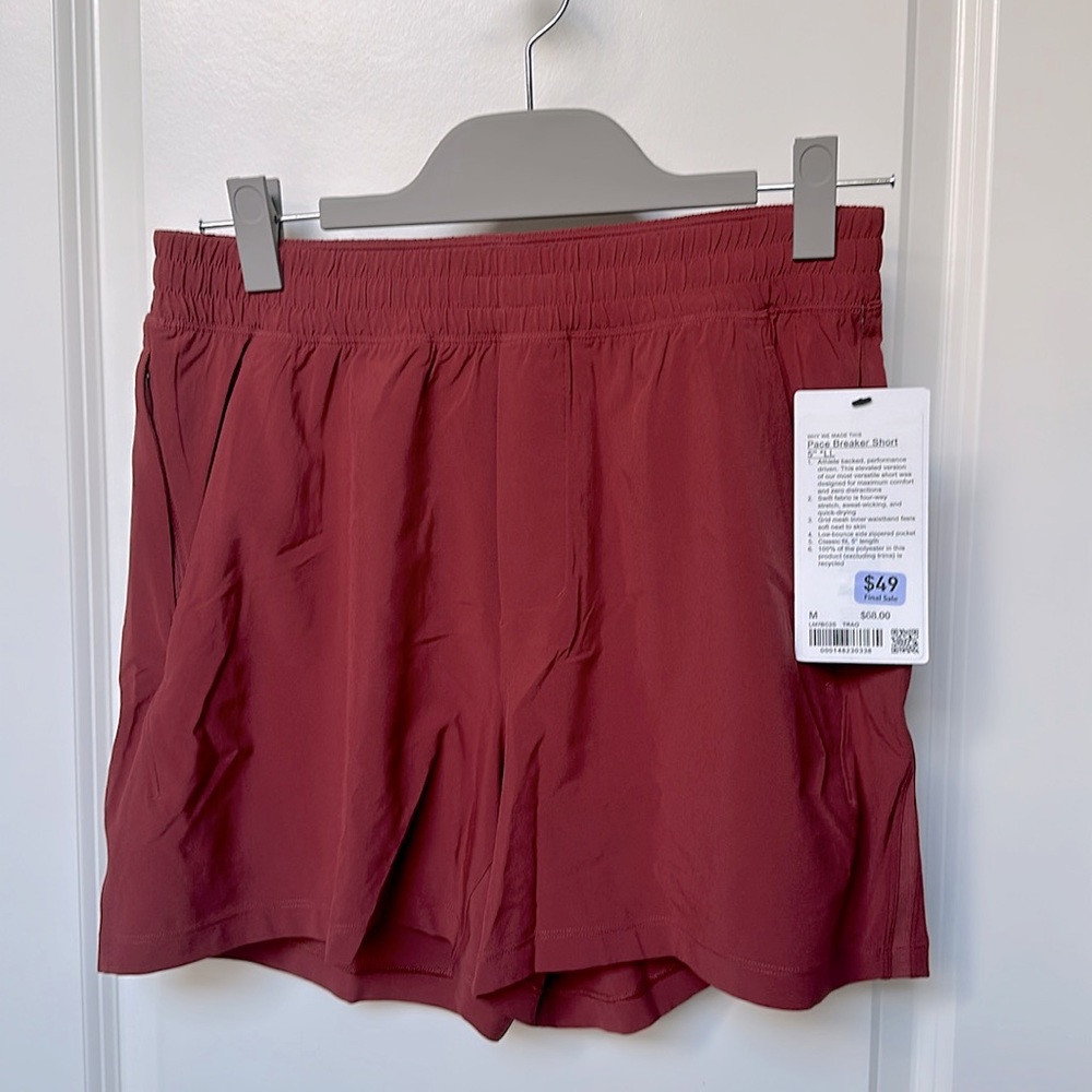 Lululemon Mens Pace Breaker Short 5" LL Running Active Linerless Red M NWT